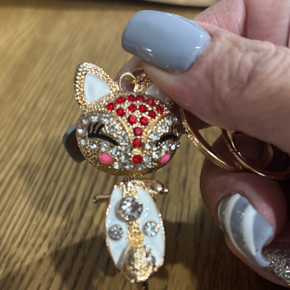 Gold and Red Cat Keychain with Crystals - Picture 2 of 4